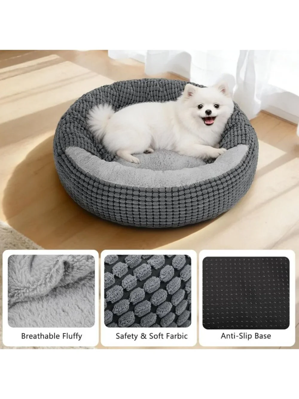 Cozy Donut Cuddler Dog Bed with Blanket, Anti-Anxiety Hooded Cave, 23